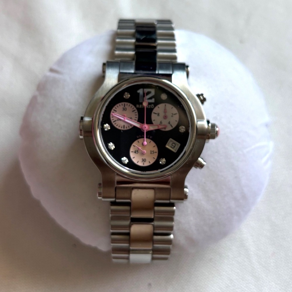 Renato Beauty Chronograph Swiss Movt Black Pink Dial Crystal Women's Watch Date - Picture 3 of 8